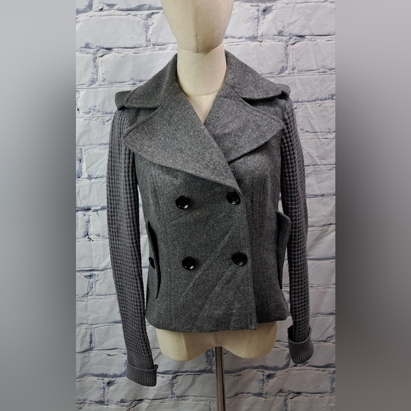 Burberry Women's Pea Coat Jacket Wool Chunky Knit Sleeves Gray Vintage Y2K 4 US - Picture 2 of 16